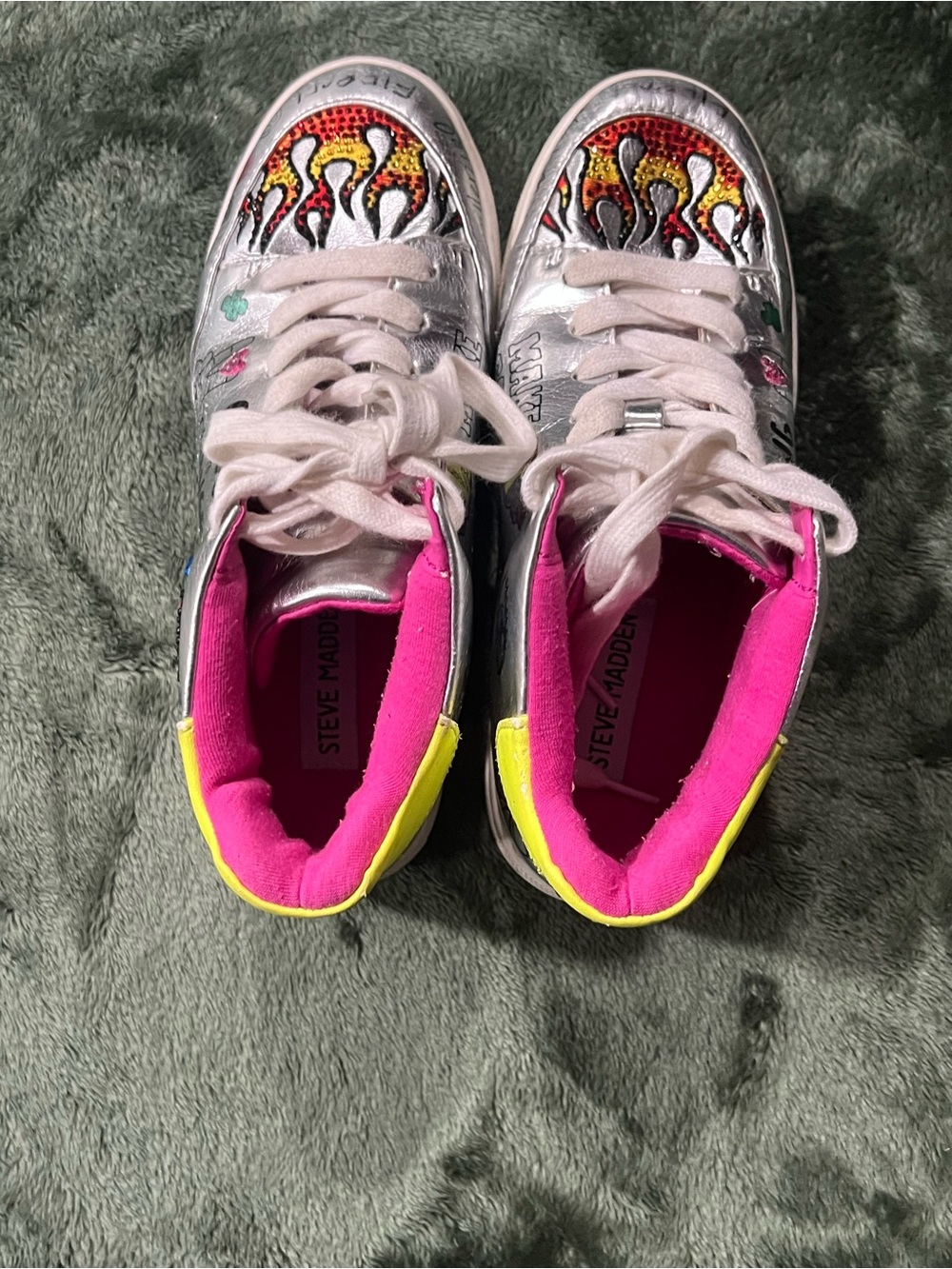 Steve Madden Silver Flame Accent Sneakers - Pink & Neon Yellow Lining